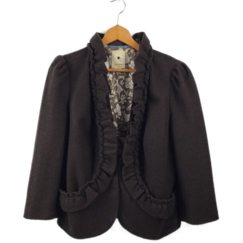 Anthropologie Elevenses Brown Ruffled Jacket Sz 14